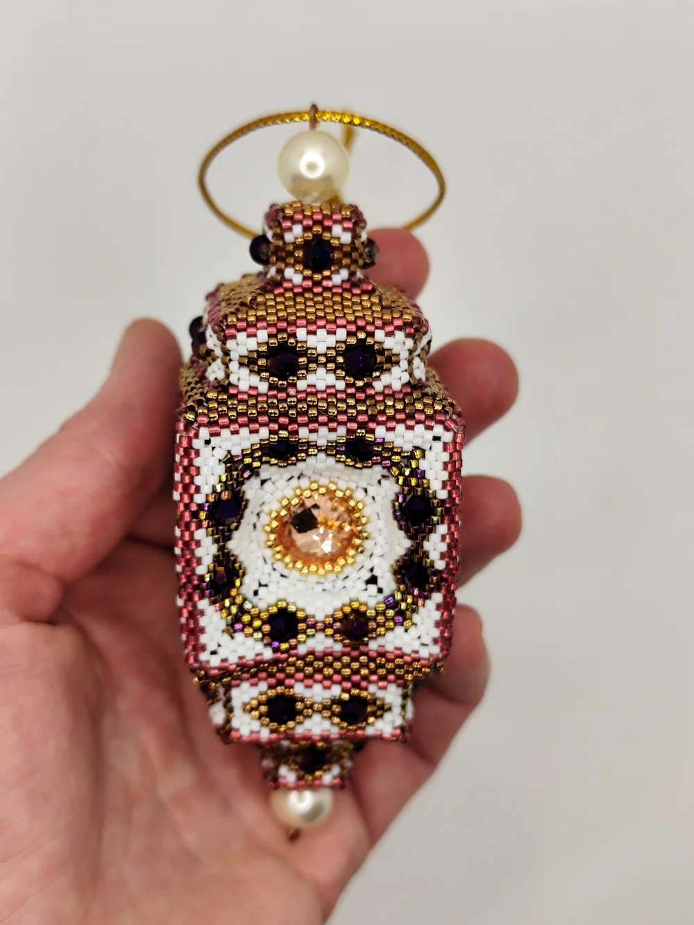Beaded  Ornament in White, Rose Gold & Black